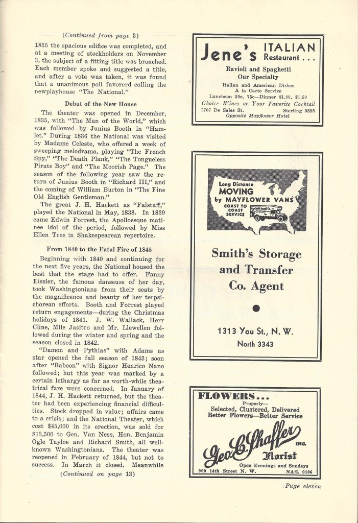 Text and advertisements in The National Theatre centennial program.