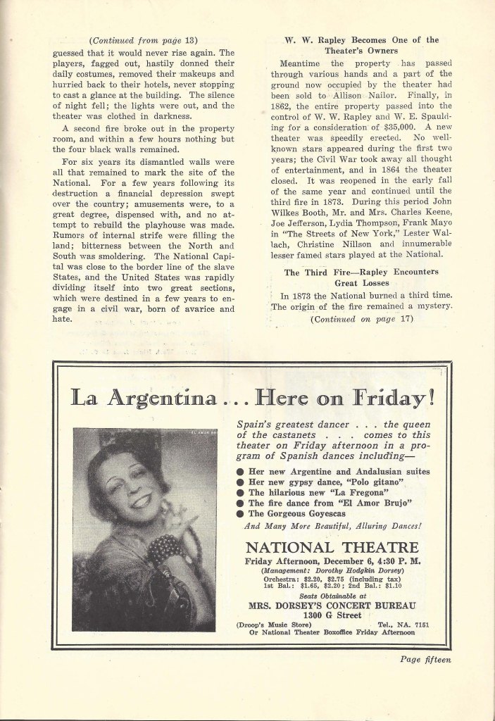 Text and advertisements in The National Theatre centennial program.