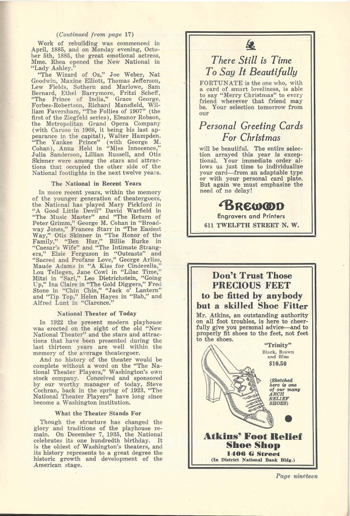 Text and advertisements in The National Theatre centennial program.