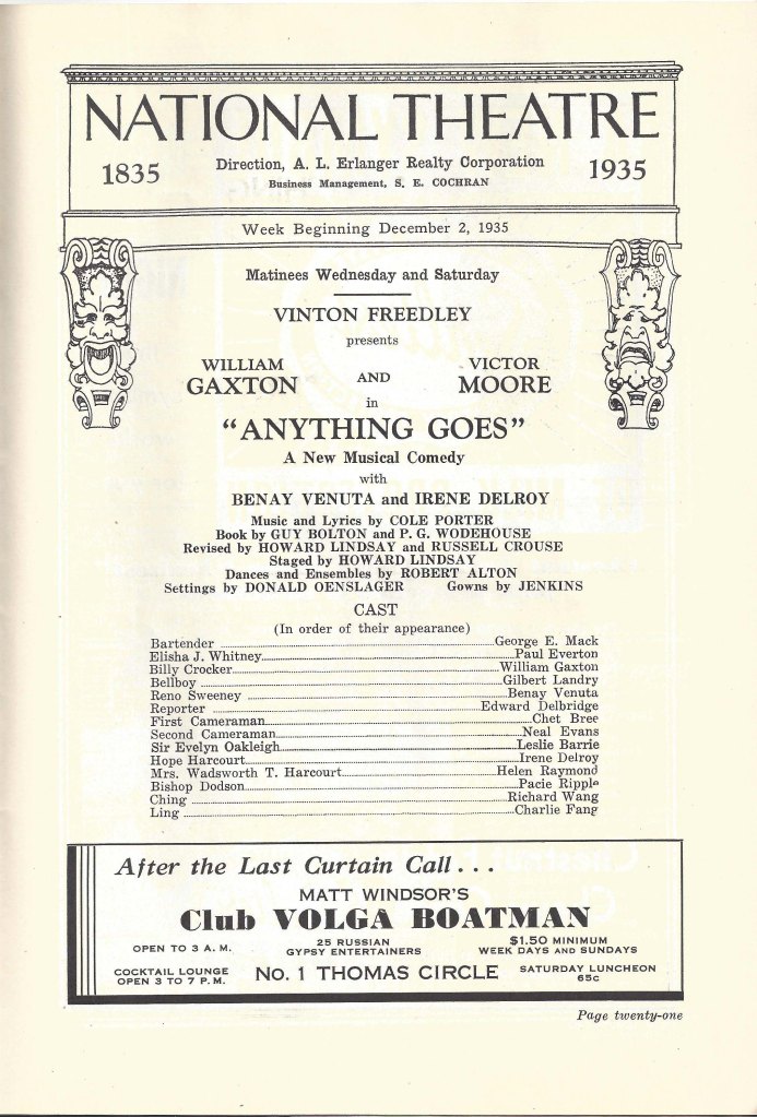 Cast list for Anything Goes in The National Theatre centennial program.