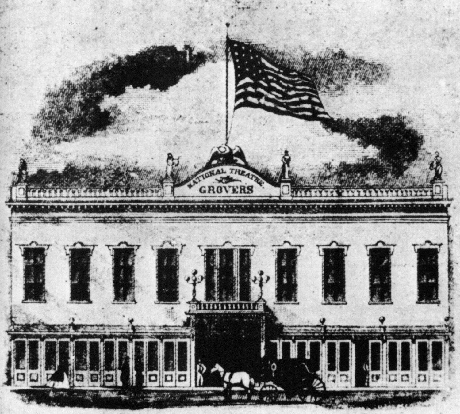 A black and white drawing of Grover's National Theatre.