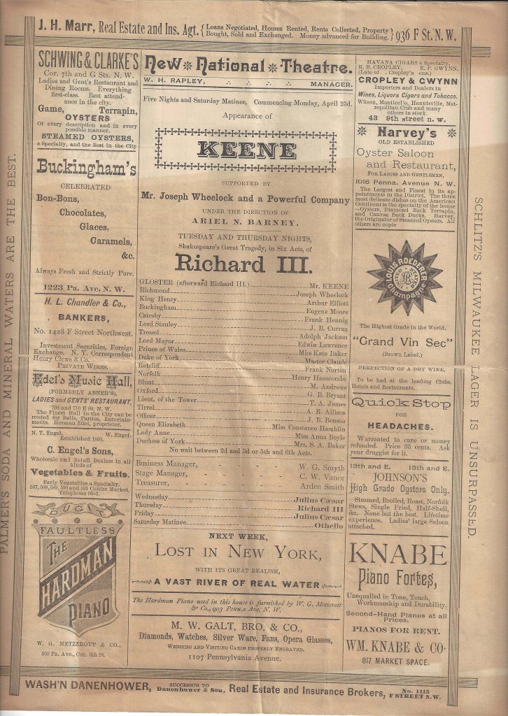 The cast list in a National Theatre program for Richard III.