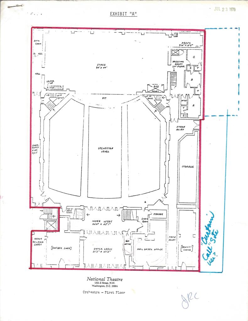 Schematics for The National Theatre with handwritten notes and outlines.