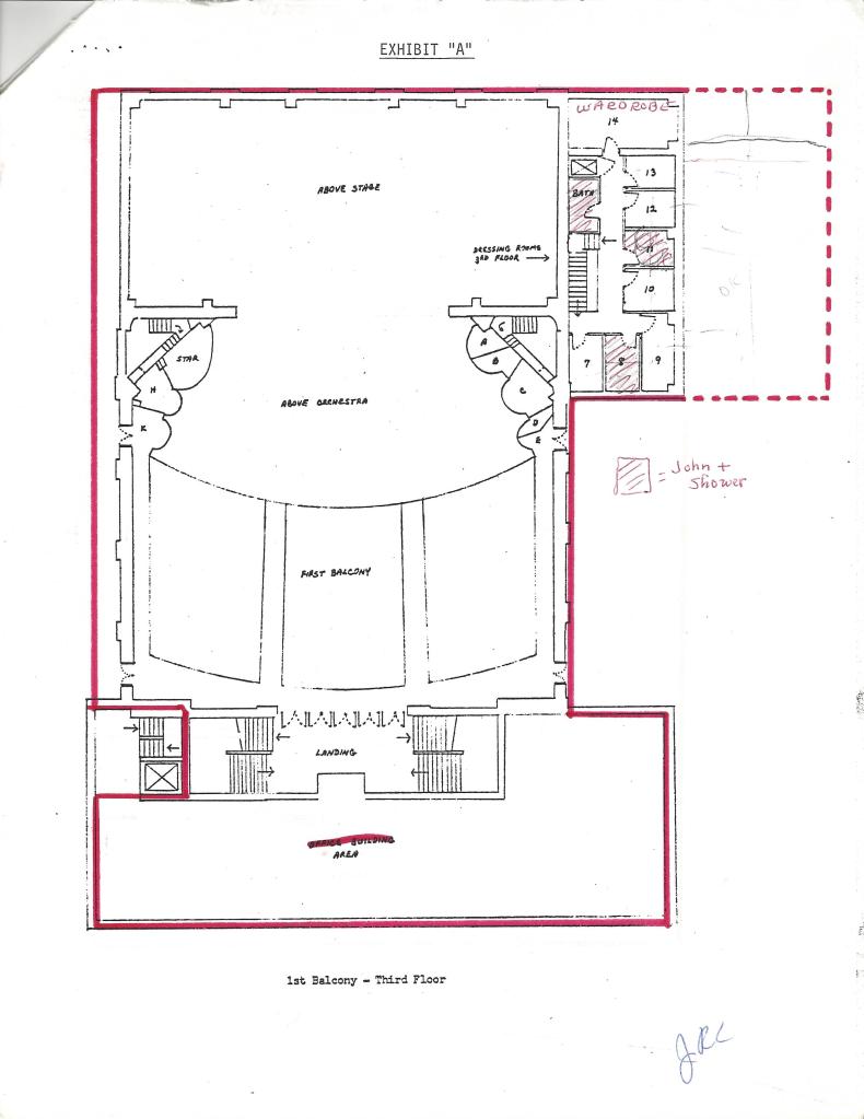 Schematics for The National Theatre with handwritten notes and outlines.