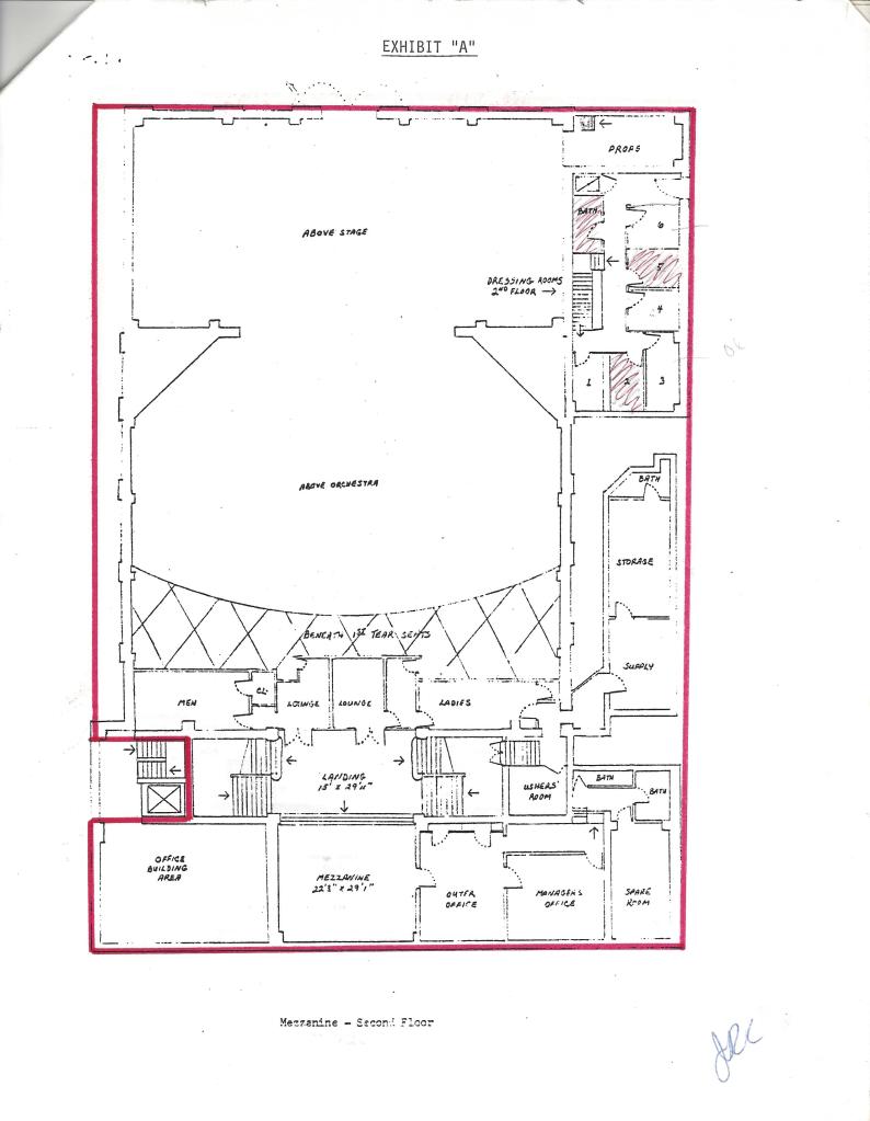 Schematics for The National Theatre with handwritten notes and outlines.